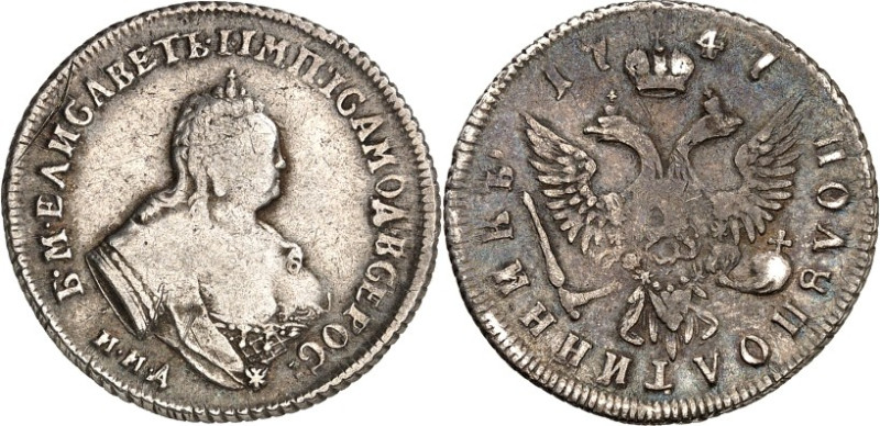 RUSSLAND. 
ZARENREICH. 
Elisabeth 1741-1762. Polupoltinnik (1/4 Rubel) 1747 MM...