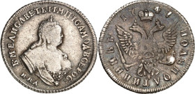 RUSSLAND. 
ZARENREICH. 
Elisabeth 1741-1762. Polupoltinnik (1/4 Rubel) 1747 MMD, Moskau. Drap. Brb. mit Krönchen n.r.&nbsp;/ Gekr. Doppeladler. Kerb...