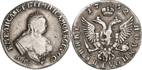 RUSSLAND. 
ZARENREICH. 
Elisabeth 1741-1762. Polupoltinnik (1/4 Rubel) 1752 Moskau, Mz.I - Drap. Brb. n.r./ Gekr. Doppeladler. Uzd.&nbsp; 849, Bitki...