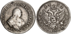 RUSSLAND. 
ZARENREICH. 
Elisabeth 1741-1762. Polupoltinnik (1/4 Rubel) 1752 Moskau, Mz.E. Uzd.&nbsp; 850, Bitkin 167. . 

ss