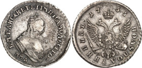 RUSSLAND. 
ZARENREICH. 
Elisabeth 1741-1762. Polupoltinnik (1/4 Rubel) 1755 MMA Moskau, Mz.M-b. Uzd.&nbsp; 879, Bitkin 174. . 

ss