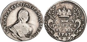 RUSSLAND. 
ZARENREICH. 
Elisabeth 1741-1762. Grivennik (10 Kopeken) 1747 o.Mz. Moskau. Brb. n. r. / Krone ü. Kartusche m. 3 Z. Uzd.&nbsp; 814, Brekk...