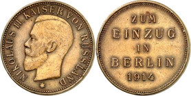RUSSLAND. 
MEDAILLEN. 
Nikolaus II. 1894-1916. Spottmedaille 1914 (o. Sign.) a.s. "Besuch in Berlin". Kopf n.l. / ZUM EINZUG IN BERLIN 1914 in 5 Z. ...