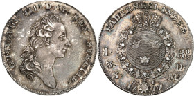 SCHWEDEN. 
KÖNIGREICH. 
Gustav III. 1771-1792. Riksdaler 1777 Büste n.r. / Gekr. rundes Wappen in Ordenskette. AAH&nbsp; 44, Dv.&nbsp; 1735, KM&nbsp...