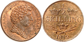 SCHWEDEN. 
KÖNIGREICH. 
Karl XIV. Johann 1818-1844. Cu-1/2 Skilling 1832 Kopf n.r. Wert zw. 3 Kronen. AAH&nbsp; 131, KM&nbsp; 637. . 

vz