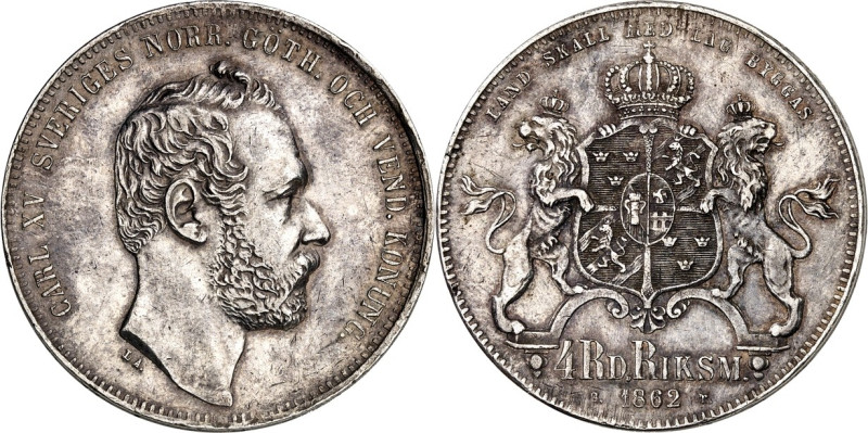 SCHWEDEN. 
KÖNIGREICH. 
Karl XV. 1859-1872. 4 Riksdaler Riksmynt 1862 Kopf n.r...
