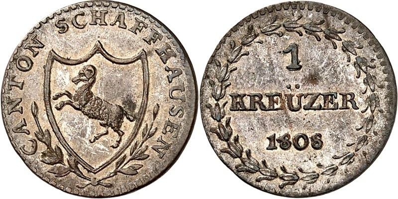 SCHWEIZ. 
SCHAFFHAUSEN. 
Kreuzer 1808. D./T.&nbsp; 151b. . 

ss