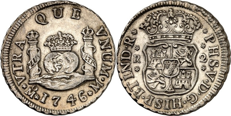 MEXIKO. 
Felipe V. 1700-1746. 2 Real 1746 R Mexico, gekr. Wappen / gekr. Globus...