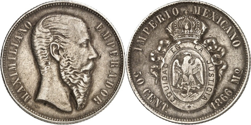 MEXIKO. 
Maximilian 1864-1867. 1 Peso, 50 Centavos 1866 Mo. KM&nbsp; 387,388.1....
