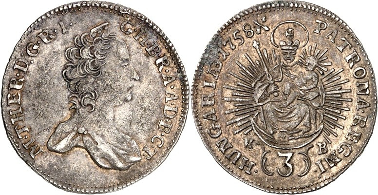 Römisch Deutsches Reich. 
Maria Theresia 1740-1780. 3 Kreuzer 1758 K.-B Kremnit...