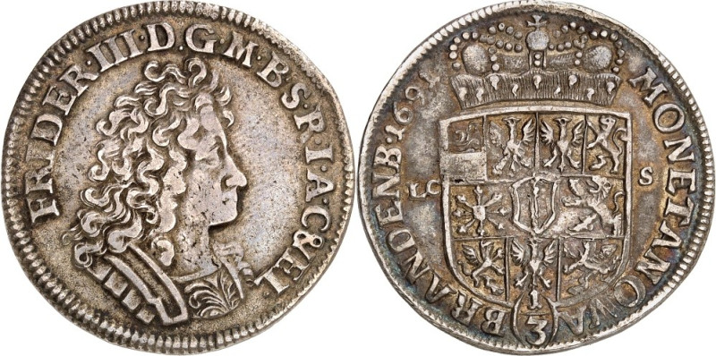 Brandenburg/-Preussen. 
Friedrich III. 1688-1701. 1/3&nbsp;Taler 1691 LC-S, Ber...