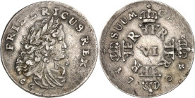 Brandenburg/-Preussen. 
Friedrich I. 1701-1713. Sechsgröscher (Szostak) 1704 C&nbsp;G, Königsberg. Belorb. drap. Brb. n.r.&nbsp;/ Gekr. Initialen ins...
