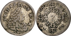 Brandenburg/-Preussen. 
Friedrich I. 1701-1713. Dreigröscher 1703 C&nbsp;G, Königsberg. Belorb. geharn. Brb. n.r.&nbsp;/ Gekr. Initialen FFR 4-fach u...