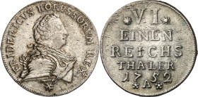 Brandenburg/-Preussen. 
Friedrich II. der Grosse 1740-1786. 1/6&nbsp;Taler 1752 A, Berlin. Geharn. Brb. n.r.&nbsp;/ 6&nbsp;Z. Wert, Jahr u. Mzz. zw. ...