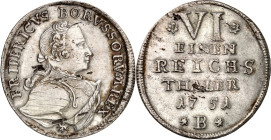 Brandenburg/-Preussen. 
Friedrich II. der Grosse 1740-1786. 1/6 Reichstaler 1751 B, Breslau. Geharn. Brb. n.r.&nbsp;/ 6 Z. Wert, Jahr und Mzz. Old.&n...