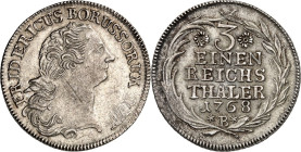 Brandenburg/-Preussen. 
Friedrich II. der Grosse 1740-1786. 1/3&nbsp;Reichstaler 1768 B, Breslau. Belorb. Kopf n.r. / Wert. Old.&nbsp; 88, v.Schr.&nb...
