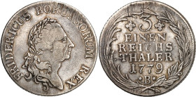 Brandenburg/-Preussen. 
Friedrich II. der Grosse 1740-1786. 1/3 Reichstaler 1779 B, Breslau. Belorb. Kopf n.r. (Greisenantlitz) / 6 Z. Wert, Jahr u. ...
