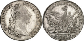 Brandenburg/-Preussen. 
Friedrich II. der Grosse 1740-1786. Reichstaler 1764 C, Kleve. Belorbeerter Kopf n. r. / Gekr. Adler auf Trophäen. Old.&nbsp;...