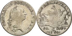 Brandenburg/-Preussen. 
Friedrich II. der Grosse 1740-1786. Reichstaler / 60 Stüber 1765 C, Kleve. Belorb. Kopf n.r. / Gekrönter Adler auf Trophäen, ...