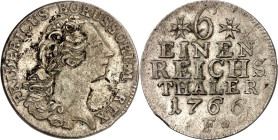 Brandenburg/-Preussen. 
Friedrich II. der Grosse 1740-1786. 1/6 Reichstaler 1766 F, Magdeburg. Belorb. Kopf n.r. / Wert. Old.&nbsp; 129, v.Schr.&nbsp...