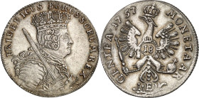Brandenburg/-Preussen. 
Friedrich II. der Grosse 1740-1786. 18-Gröscher (Tympf) 1757 E, Königsberg. Gekr. Brb. n.r. mit Schwert, ohne Hermelin / Gekr...