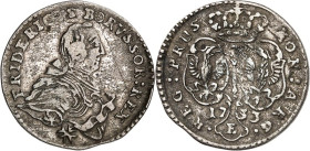 Brandenburg/-Preussen. 
Friedrich II. der Grosse 1740-1786. Dreigröscher 1753 E, Königsberg. Geharn. Brb. mit Ordensband n.r., am Armabschnitt St / G...