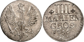 Brandenburg/-Preussen. 
Friedrich II. der Grosse 1740-1786. IIII Mariengroschen 1756 D, Aurich. Gekr. Adler&nbsp;/ 5&nbsp;Z. Wert, Jahr u. Mzz.; oben...