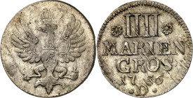 Brandenburg/-Preussen. 
Friedrich II. der Grosse 1740-1786. IIII Mariengroschen 1756 D, Aurich. Gekr. Adler&nbsp;/ 5&nbsp;Z. Wert, Jahr u. Mzz.; oben...