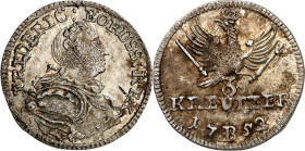 Brandenburg/-Preussen. 
Friedrich II. der Grosse 1740-1786. 3 Kreuzer 1752 B, Breslau. Geharn. Brustbild mit Ordensband n. r. / Fliegender Adler über...