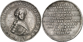 Brandenburg/-Preussen. 
Friedrich II. der Grosse 1740-1786. Spottmedaille 1759 (o. Sign.) a. d. Konflikt mit dem Fränkischen Kreis. Geharn. Brb. n.ha...