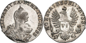 Brandenburg/-Preussen. 
Russische Okkupation 1759-1762. Sechsgröscher 1761 Königsberg ELISABETHA I IMP Erhabenes Brb. der Zarin Elisabeth n. r. / Gek...