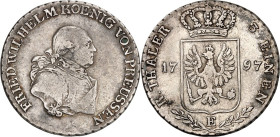 Brandenburg/-Preussen. 
Friedrich Wilhelm II. 1786-1797. 1/3&nbsp;Taler 1797 E Königsberg. Geharn. Brb. n.r.&nbsp;/ Gekr. Adlerwappen. J.&nbsp; 22, v...