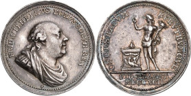 Brandenburg/-Preussen. 
Friedrich Wilhelm II. 1786-1797. Medaille 1792 (v. Abramson) a. d. Huldigung von ANSBACH und BAYREUTH. Antik geharn. drap. Br...