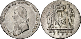 Brandenburg/-Preussen. 
Friedrich Wilhelm III. 1797-1806(-1840). Taler 1799&nbsp;A, Berlin. Brb. in Uniform n.l. / Gekr. Wappen zw. 2&nbsp;wilden Män...