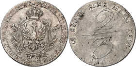 Brandenburg/-Preussen. 
Friedrich Wilhelm III. 1797-1806(-1840). 2/3 Taler (Leipziger Gulden) 1801, o.Mzz., Berlin. Gekr. Adlerschild im Lorbeerkranz...