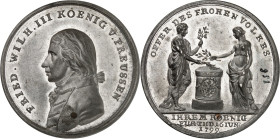 Brandenburg/-Preussen. 
Friedrich Wilhelm III. 1797-1806(-1840). Medaille 1799 (v. J.C. Reich) a.d. Huldigung v. Fürth. Brustb. n.l./ nAn einem Altar...