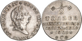 Braunschweig/-Calenberg-Hannover. 
Georg III. 1760-1806(-1820). 1/2 Cassa-Taler 1801 Belorb. Brb. n.r.&nbsp;/ 6 Z. Wert, Jahr und Mzz. C. W.&nbsp; 28...