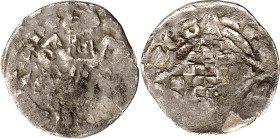 Mark, Grafschaft. 
Engelbert III. 1347-1391. Hälbling 0,48g Hattingen (COM(ES.DE.MARK) Thron. Graf, a.d. Brust h oder Löwe?/ MON(-ETA-HAT)-NEG Schach...