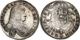 Mecklenburg/-Schwerin. 
Christian Ludwig I. 1658-1692. 2/3 Taler 1675 W-E, Dömitz. Geharn. Brb. n.r. / Gekr. Wappen zw. 2 Engeln. Kunzel&nbsp; 238&nb...