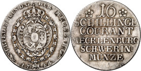 Mecklenburg/-Schwerin. 
Friedrich II. 1756-1785. 16 Schillinge 1764 Schwerin. Gekr. Wappen in Kollane d. Elefantenordens&nbsp;/ 6&nbsp;Z. Wert. Kunze...