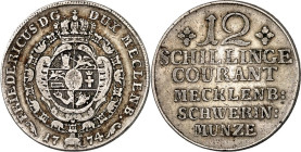 Mecklenburg/-Schwerin. 
Friedrich II. 1756-1785. 12 Schillinge 1774. Gekr. Wappen in Ordenskette&nbsp;/ 6&nbsp;Z. Wert. Kunzel&nbsp; 343A, J. 7. . 
...