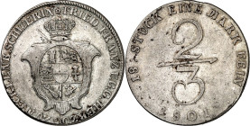 Mecklenburg/-Schwerin. 
Friedrich Franz I. 1785-1806(-1837). 2/3 Taler 1801 Gekröntes Wappen / Wert. Kunzel&nbsp; 362 A/h, J.&nbsp; 20a. . 

ss-vz