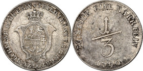 Mecklenburg/-Schwerin. 
Friedrich Franz I. 1785-1806(-1837). 1/3 Taler 1790 Gekr. Wappen&nbsp;/ Wert. Kunzel&nbsp; 369, J.&nbsp; 19. . 

R, ss