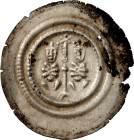 Nordhausen/-Reichsmünzstätte. 
unter anhaltinischem Pfandbesitz 1247- 1274. Brakteat, 0,75g Kaiserpaar v. vorn thronend, beide mit rosettenartigen Kö...