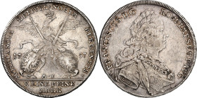 Nürnberg, Stadt. 
z.Z. Franz I. 1745-1765. Konv.-Taler 1757. Gekr. Adler über 2&nbsp;Wappenschilden&nbsp;/ Belorb. geharn. Brb. n.r., LOOS. Kellner&n...