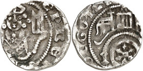 Osnabrück, Bistum. 
Gottfried v. Arnsberg 1321-1349. Denar 1,26g Osnabrück .EPBEN. Thronender Bischof mit Pedum u. Buch/ .OGGOTT? Rad unter Gewölbe, ...