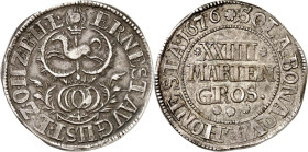Osnabrück, Bistum. 
Ernst August von Braunschweig-Lüneburg 1662-1698. 24&nbsp;Mariengroschen 1676 Melle. Helm mit üppiger Zier; oben Mmz. großer Ster...