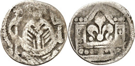 Paderborn, Bistum. 
Simon I. zur Lippe 1247-1277. Denar 1,13g Warburg. Thronender Bischof v.vorn mit Kreuzstab u. Buch, darauf 4 Steine? /Große Lilie...