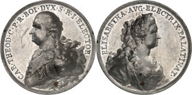 Pfalz, Kurlinie. 
Karl Theodor 1743-1799. Medaille o.J. (1786?) (o. Sign., vmtl. C. Destouches) Geharn. Brb. des Kurfürsten mit Ordensband über der B...