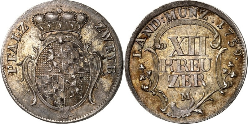 Pfalz/-Birkenfeld-Zweibrücken. 
Christian IV. 1735-1775. 12 Kreuzer 1759 M, Zwe...